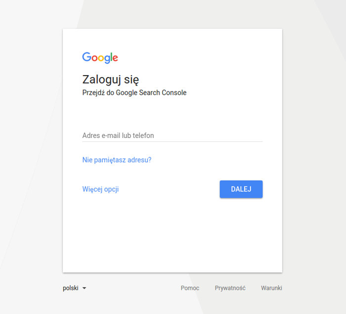 Strona logowania do Google search Console.