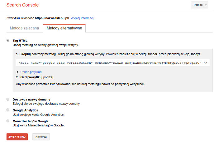 Weryfikacja sklepu w Search Console.